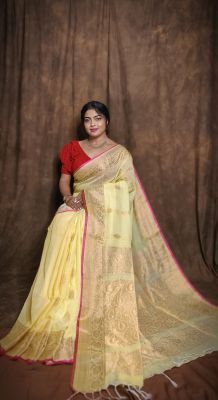 Peach Pure Handloom Banarasi Silk Saree From Bengal