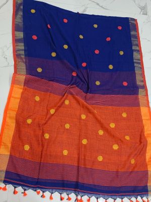 Blue Red Pure Handloom Cotton Saree From Bengal