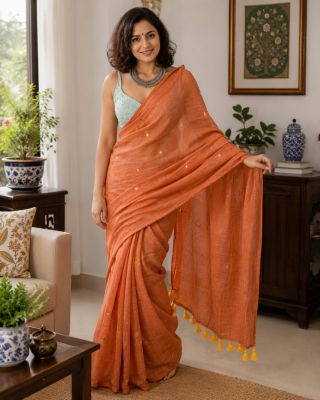 Dark Orange Bengal Handloom Organic Cotton Saree | Lightweight & Breathable Comfort