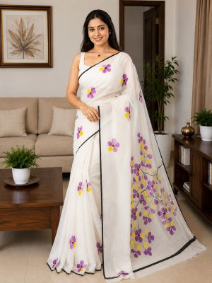 White Traditional Organic Pure Cotton Handloom Saree | Authentic Bengal Weaving Heritage