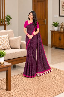 Dark Violet Pure Handloom Mulmul Cotton Saree From Bengal