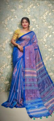 Royal Blue Pure Handloom Tissue Silk Saree From Bengal