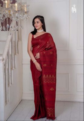 Red Wine Pure Handloom Linen By Linen Saree From Bengal