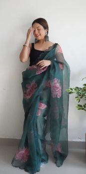 Bottle Green Flower Printed Work Pure Organza Silk Saree