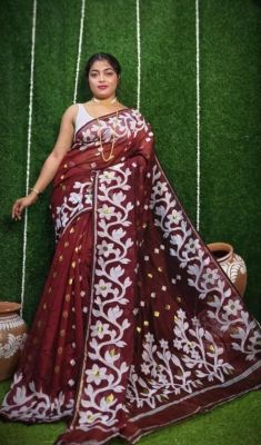 Maroon Pure Handloom Dhakai Jamdani Saree From Bengal