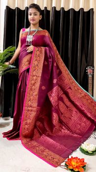 Wine Red Pure Handloom Soft Cotton By linen Flower Design Saree