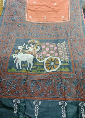 Black Brown Pure Handloom Kantha Silk Saree From Bengal