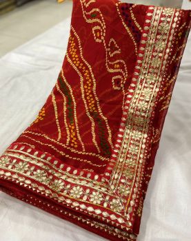 Red Georgette Bandhani Gota Patti Saree