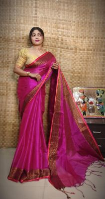 Raspberry Pure Handloom Tissue Silk Saree From Bengal