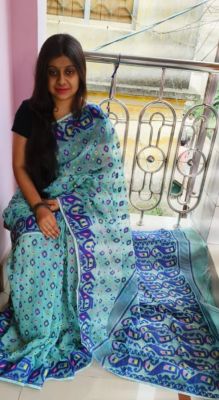 Sky Blue Pure Handloom Dhakai Jamdani Saree From Bengal