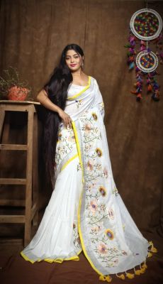 White Pure Handloom Silk Cotton Saree From Bengal