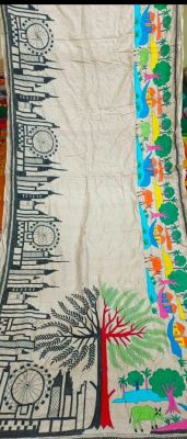 Off White Pure Handloom Kantha Silk Saree From Bengal