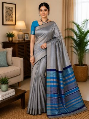 Gray Handwoven Pure Dupion Raw Silk Saree From Bhagalpur