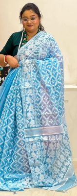 Sky Blue Pure Handloom Dhakai Jamdani Saree From Bengal