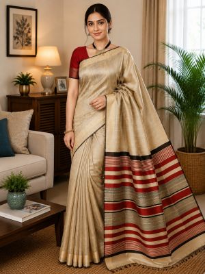 Cream Designer Pure Handloom Dupion Raw Silk Saree From Bhagalpur
