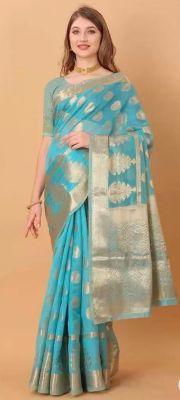 Teal Pure Handloom Chanderi Silk Saree From Banaras