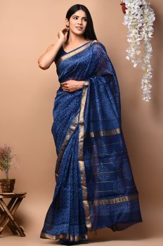 Dark Blue Maheshwari Silk Saree From Rajashthan