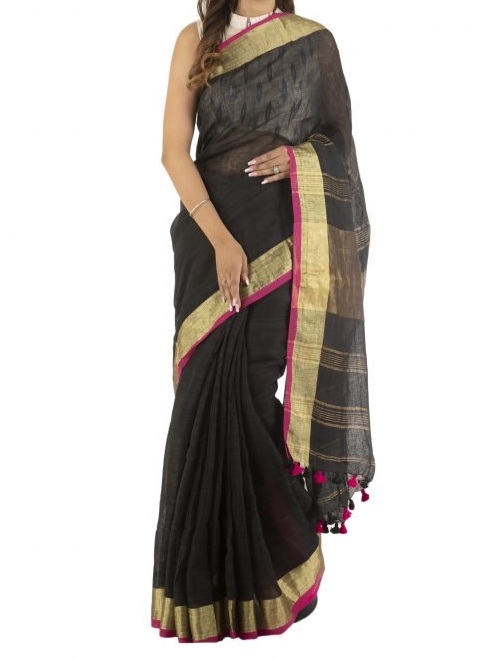 Black Plain Hand WovenLinen Saree