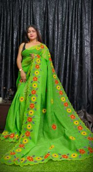 Green Flower Design Pure Handloom Resham Kota Saree