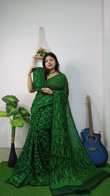 Black Green Pure Handloom Cotton Saree From Bengal