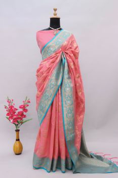 Pink Sky Blue Butta Zari Work Cotton Silk Saree
