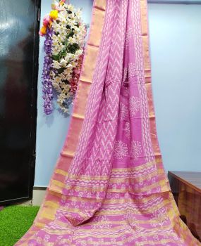 Pink Hand Block Printed Pure Handloom Chiffon Silk Saree