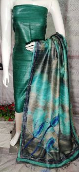 Teal Green Pure Tussar Ghicha Silk Suit With Digital Print Dupatta From Bihar