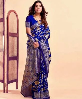 Royal Blue Pure Handloom Banarasi Silk Saree From Banaras