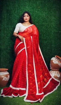 Red Pure Handloom Cotton Saree From Bengal