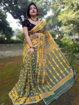 Yellow Pure Handloom Dhakai Jamdani Saree From Bengal