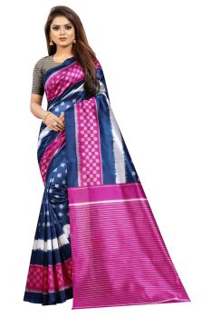 Blue & Pink Butter Silk Saree