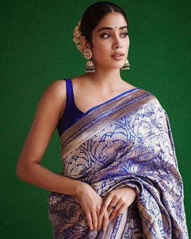 Blue Flower Golden Zari Work Banarasi Soft Silk Saree