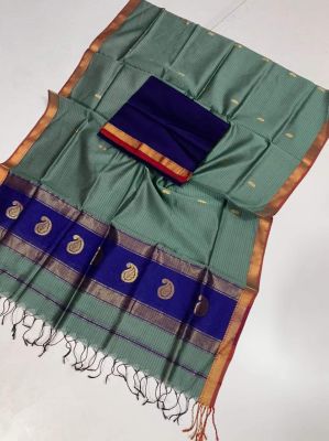 Teal Pure Handloom Maheswari Silk Cotton Saree From Bengal
