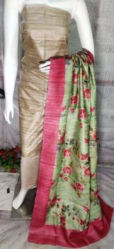 Light Brown Pure Tussar Ghicha Silk Suit With Digital Print Dupatta From Bihar