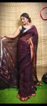 Dark Brown Pure Handloom Linen By Linen Saree From Bengal