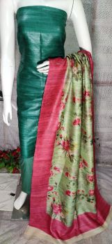 Dark Green Pure Tussar Ghicha Silk Suit With Digital Print Dupatta From Bihar