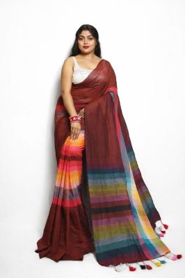 Multi Colour Pure Handloom Mulmul Cotton Saree From Bengal