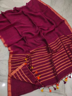 Wine Berry Pure Handloom Linen By Linen Saree From Bengal