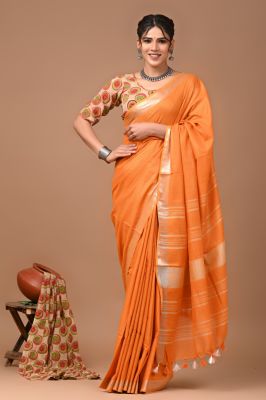 Orange Pure Handloom Linen By Linen Saree From Bengal