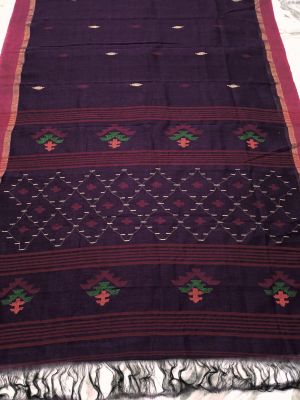 Black Pure Handloom Linen By Linen Saree From Bengal