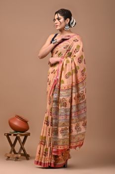 Peach Pink Rose Gold Pure Handloom Linen Cotton Saree From Bihar