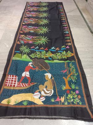 Black Pure Handloom Kantha Silk Saree From Bengal