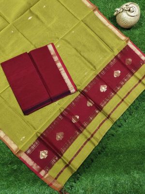 Olive Green Pure Handloom Maheshwari Silk Cotton Saree From Bengal