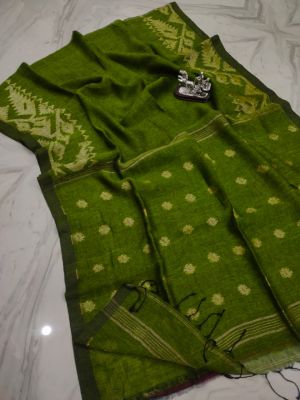 Mehandi Green Pure Handloom Linen By Linen Saree From Bengal