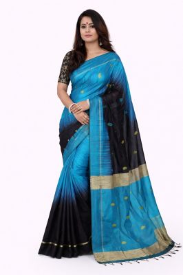 Blue Black Ikkat Silk Cotton Pure Handloom Saree From Bengal