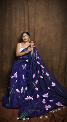 Navy Blue Pure Handloom Cotton Saree From Bengal