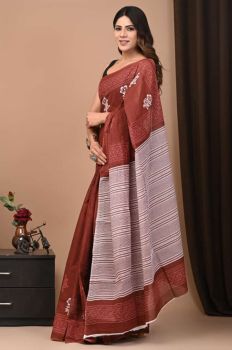 Brick Red Hand Block Cotton Pure Handloom Printed Design Saree