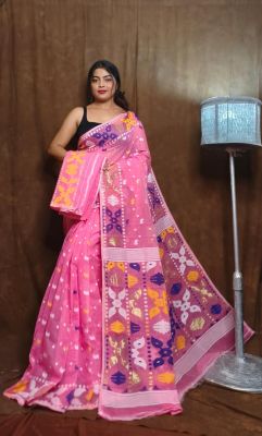 Pink Pure Handloom Dhakai Jamdani Saree From Bengal