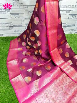 Magenta Pink Butta Kora Saree From Banarasi