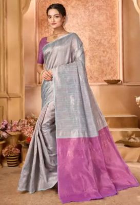 Gray Pure Handloom Art Silk Saree From Banaras